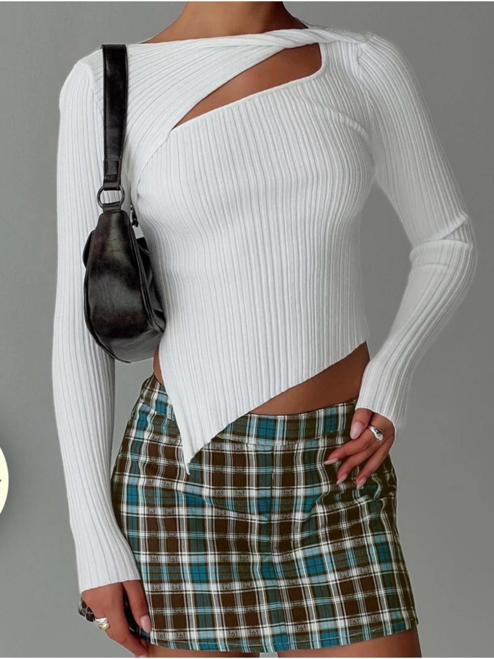 Asymmetric Ribbed Cutout White Long Sleeve Top